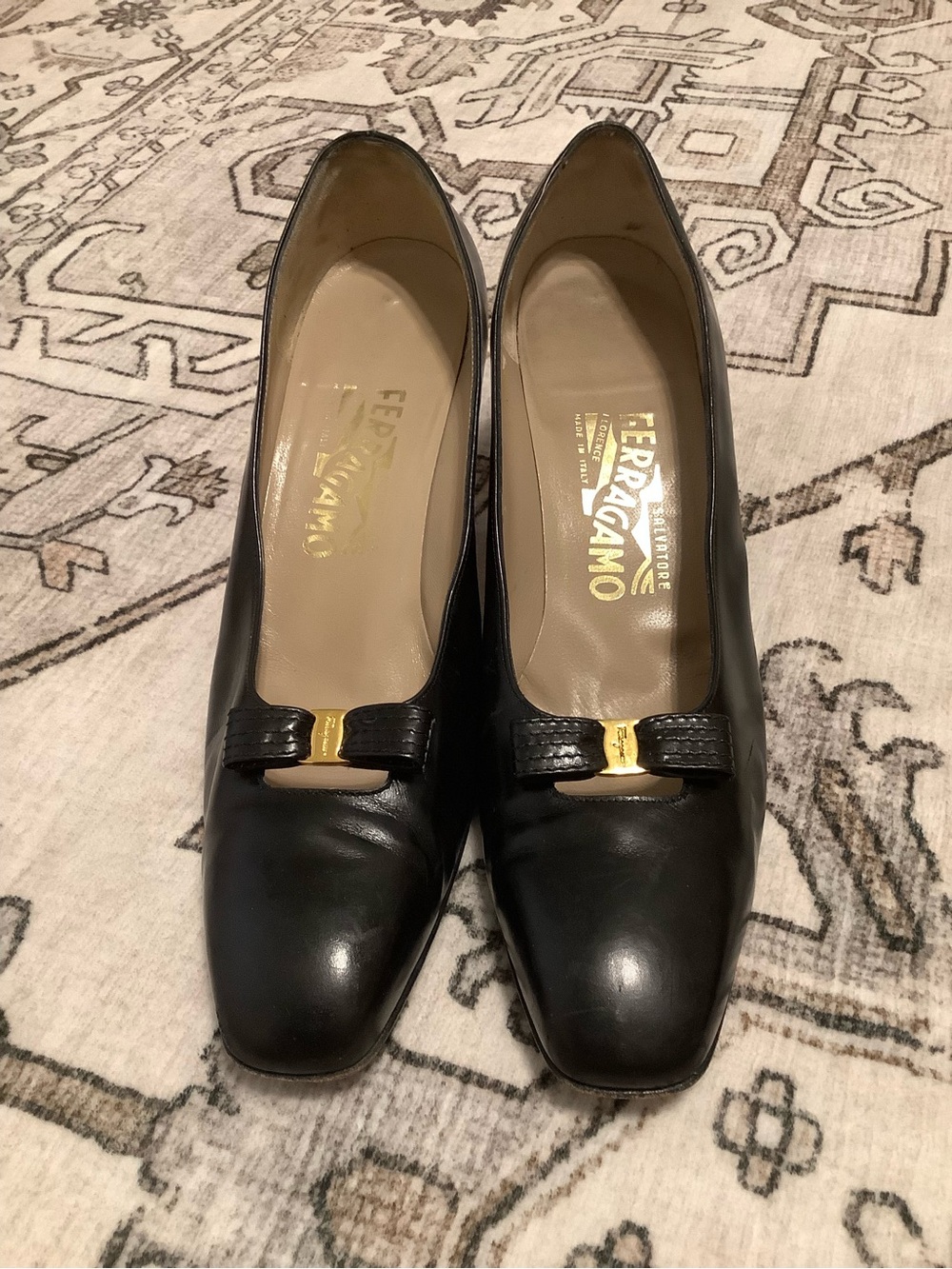 Salvatore Ferragamo Black Leather Vara Bow Pumps with Gold Hardware